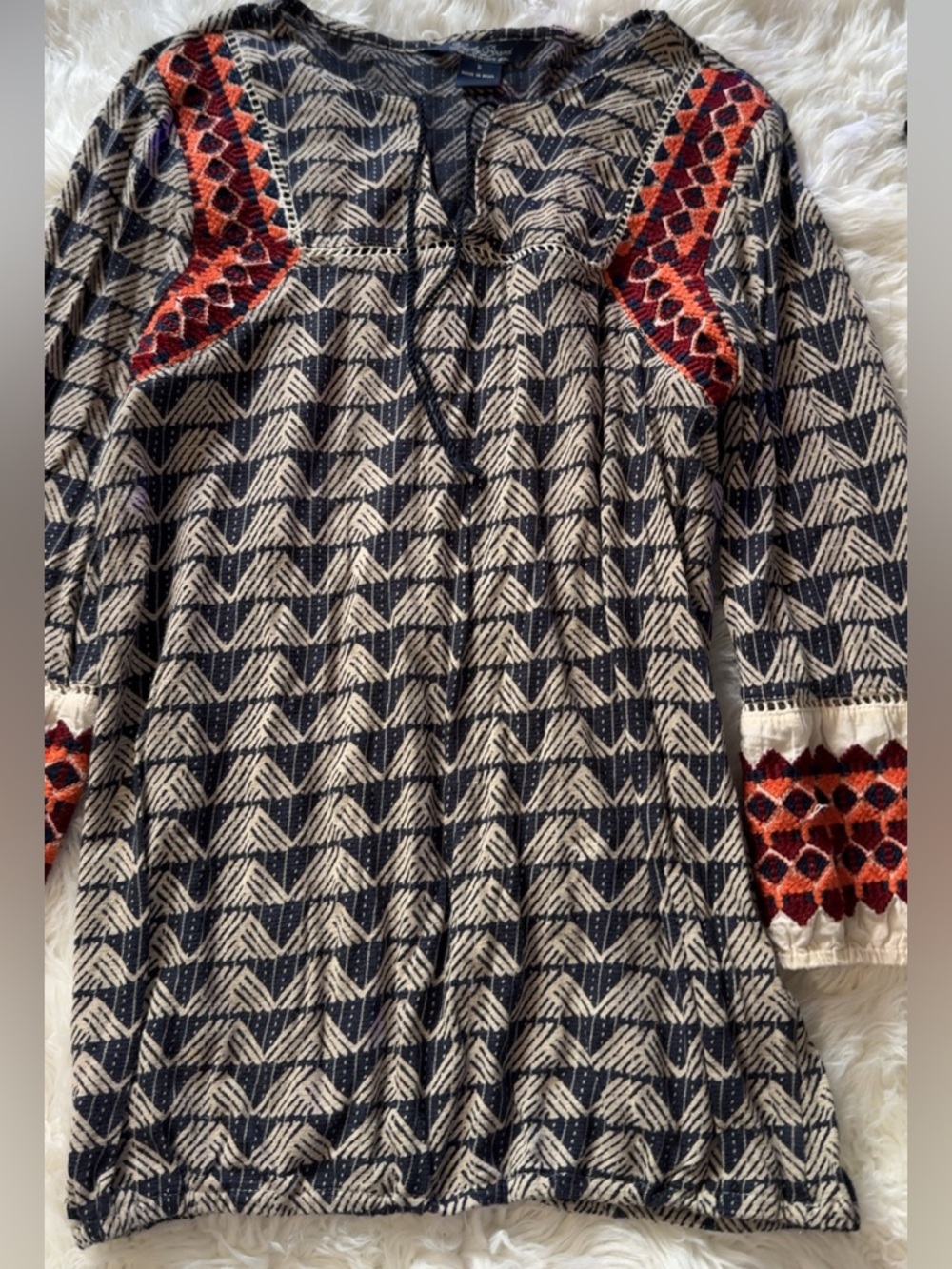 Lucky Brand Boho Tunic Top with Red Embroidered Accents